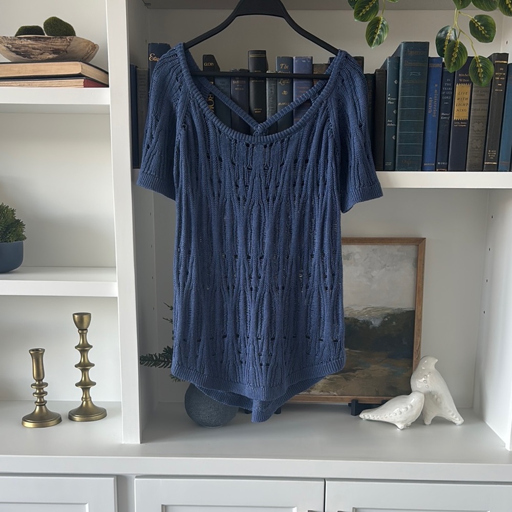 Ya Los Angeles Asymmetrical Ribbed Blue Short Sleeve Top